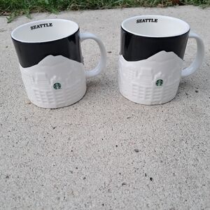 RARE Pair Starbucks Seattle Collector Series Relief Skyline Mugs 2012 Black Whit